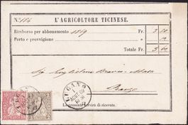 1869: Quittung L'Agricoltore Ticinese mit Sitzende Helvetia