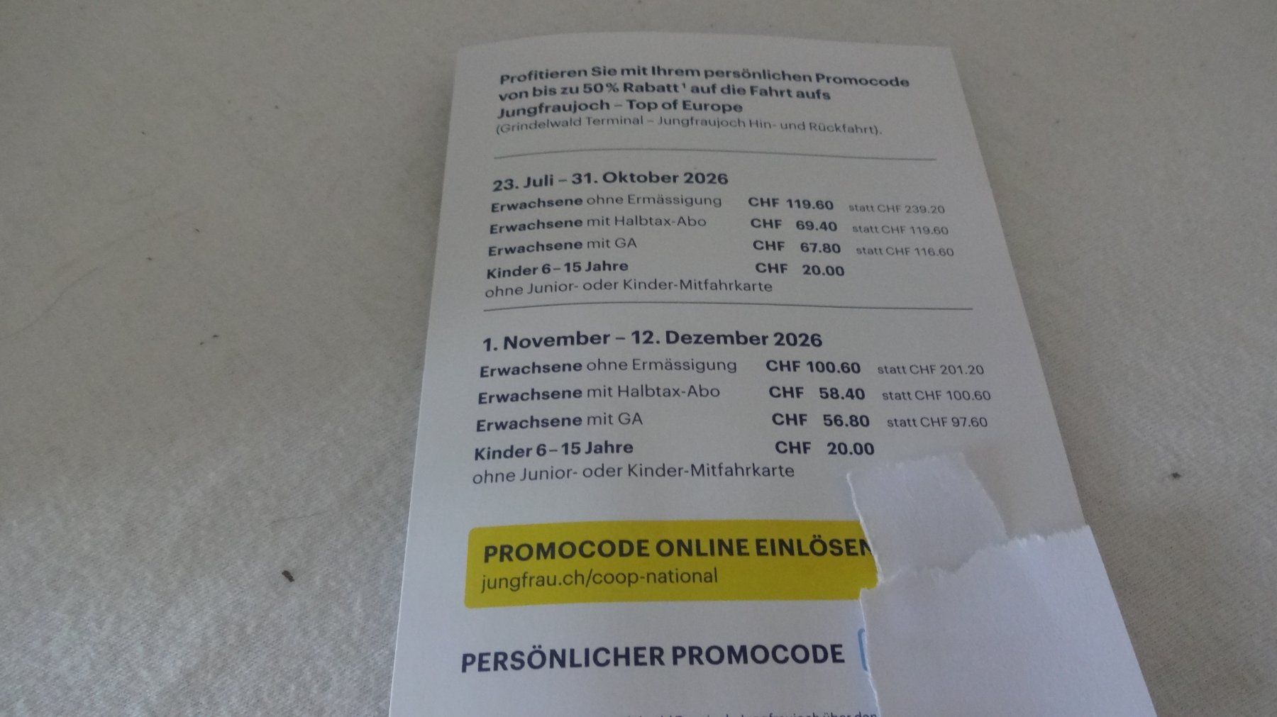 Buoni: Rabattgutschein Jungfraujoch – Nuovo e nell'imballaggio originale da Fisibach venduto da goldfasan52 2