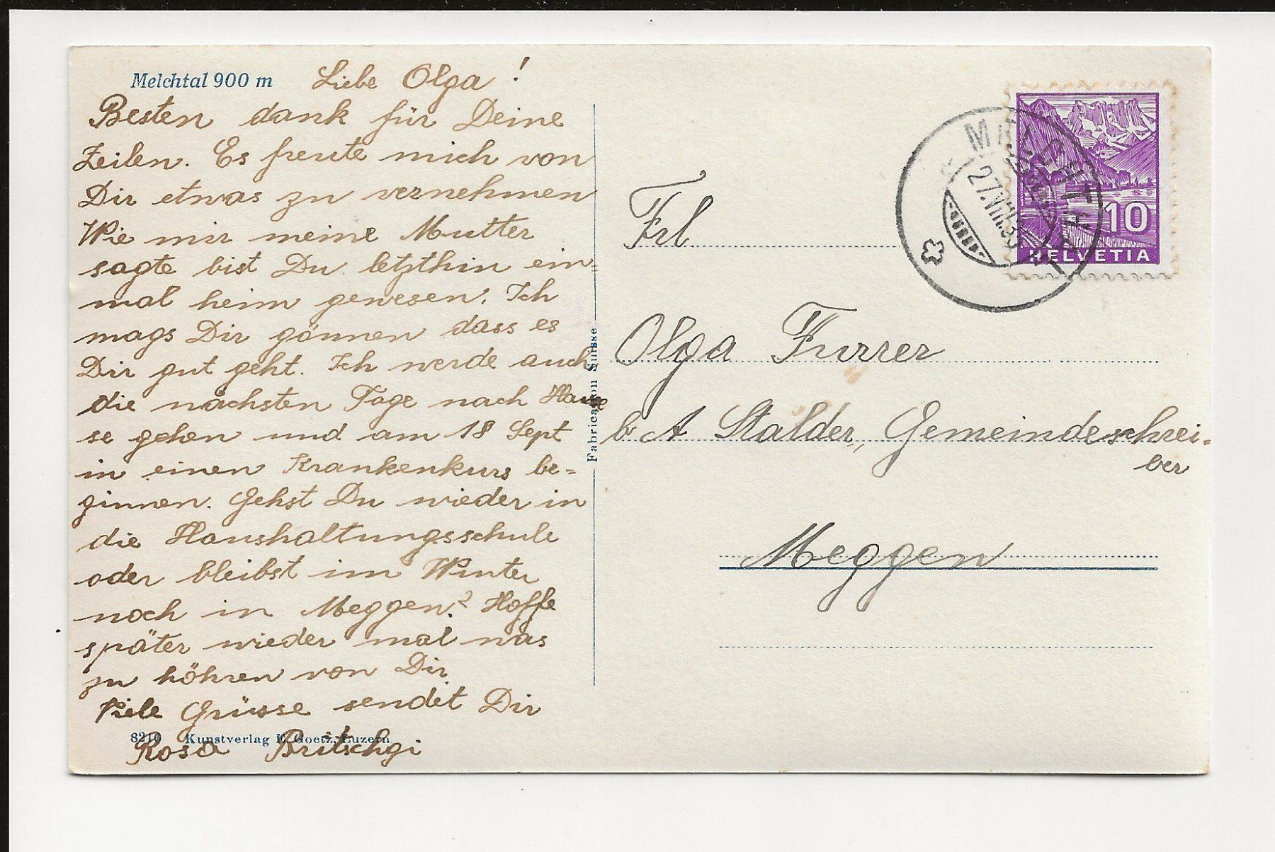 Ansichtskarten: AK 1935 Melchtal 900m – Gebraucht aus Greifensee von 315WDO 1