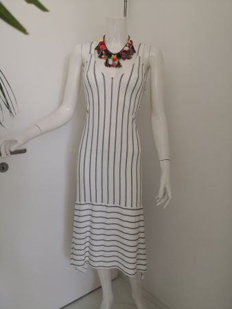 🤩MANGO KLEID ECRU-BLAU GESTREIFT MIT VOLANT-BAND