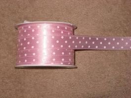 Band (Acetat) rosa mit weissen Tupfen 15mm breit