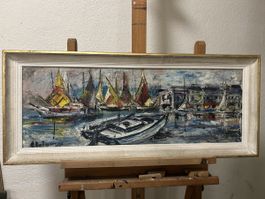 Grosses, ausdrucksstarkes Ölbild „Marina“ – Segelschiffe