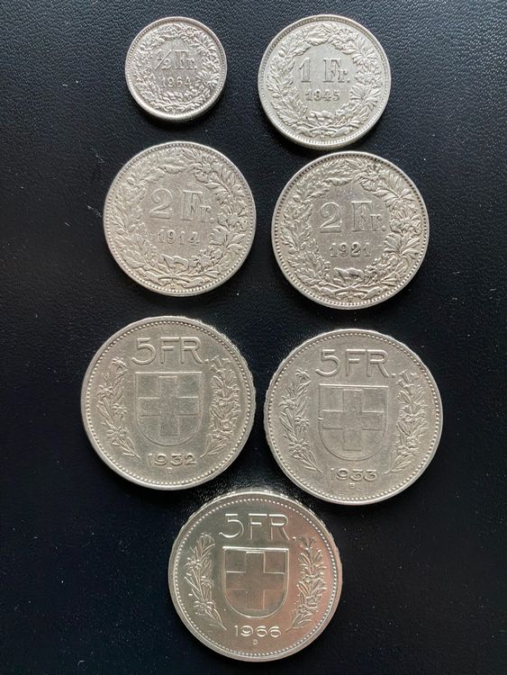 Schweizer Silbermünzen/ 50 Rp./CHF 1/CHF 2/CHF 5, sehr schön 1