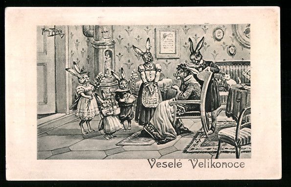Cartoline postali: Arthur Thiele: Osterhasen beim Osterfest – Usato da Berlin venduto da bartko-reher