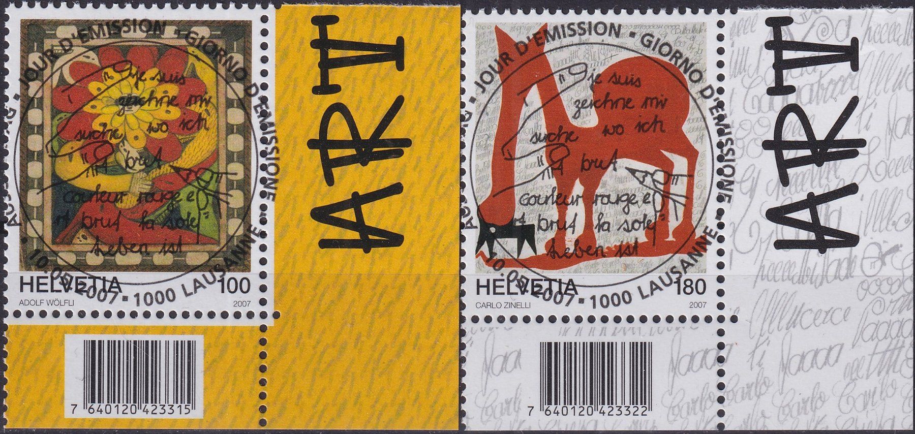 Alle Briefmarken: 2007, Nr.1233+1234 "Art brut" mit ET-Voll-Stempel + ECKTABS – Gebraucht aus Sursee von Luzernerraute