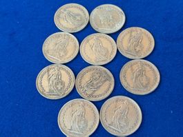 10 x 2.- Franken alle 835 Silber. Also 100 Gr.