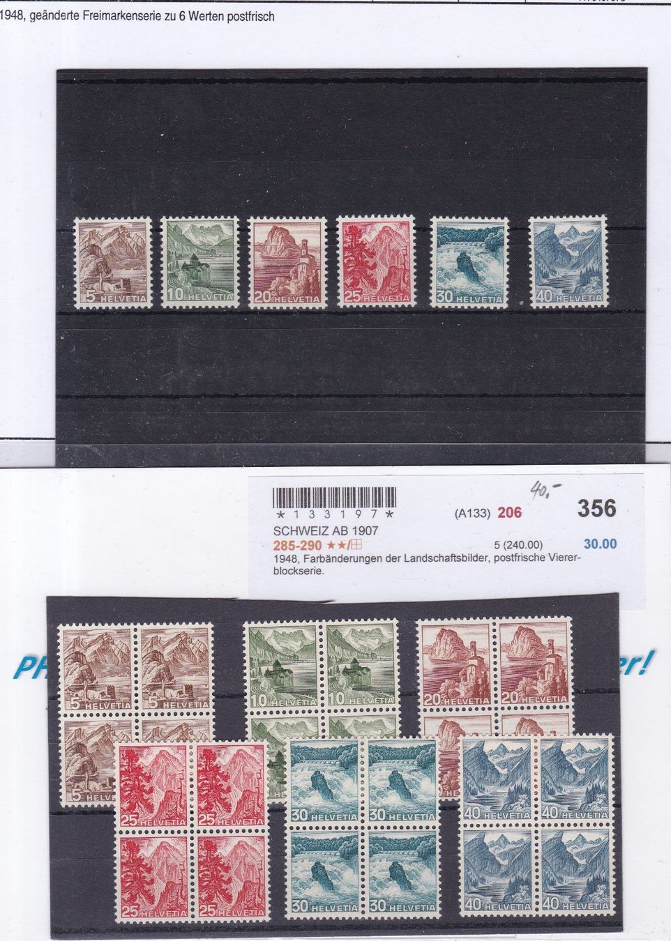 Tutti i francobolli: CH Viererblocks, Einzelmarken Landschaftsbilder 1948 ** – Usato da Münchwilen AG venduto da Nesar