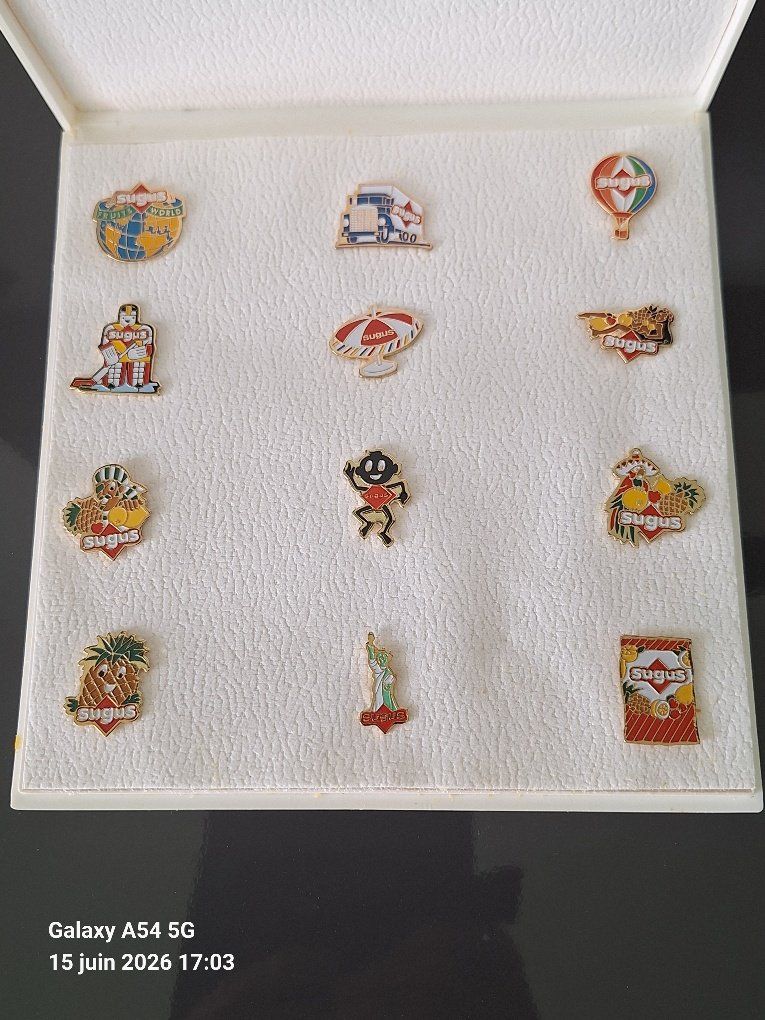 Sugus Placchette & Badge: 12 Pins Sugus dans coffret, selon photos – Usato da Saxon venduto da flicfloc 1