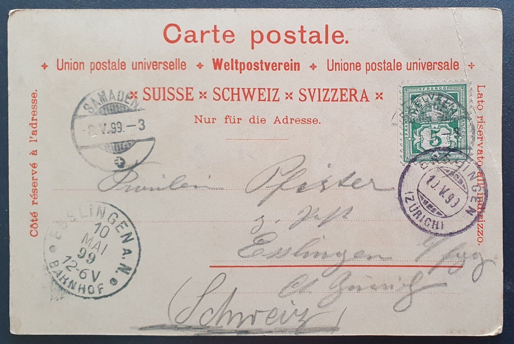 Cartoline postali: Gruss aus Samaden 1899 – Usato da Kreuzlingen venduto da Rschweiz1 1