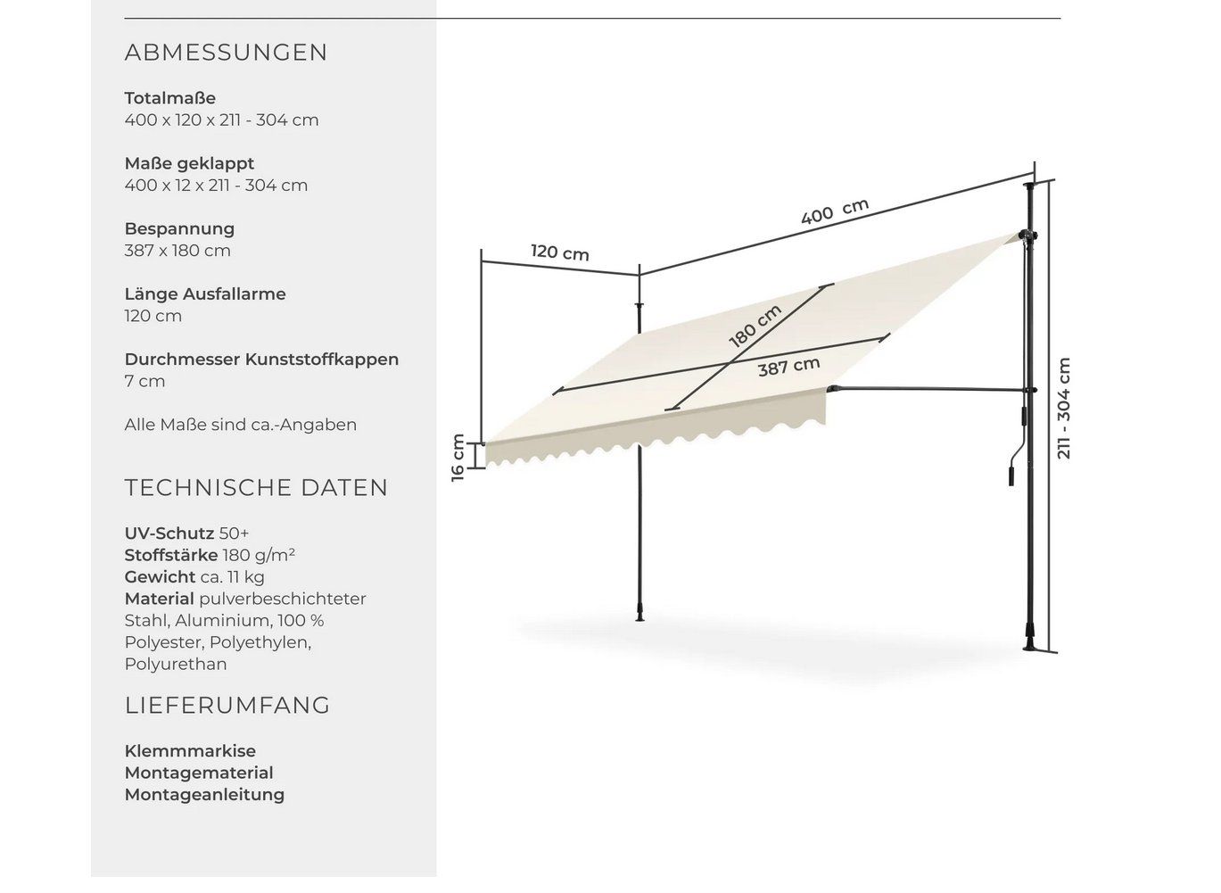 Tende da sole: Klemmmarkise beige 400 x 180 cm – Nuovo (secondo la descrizione) da Steinhausen venduto da Retourenprofis 2