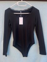 Schwarzer WOWENY Langarm Body mit Spitzenbesatz Gr. S (Neu)
