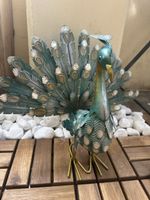 Figurine Peacock metal green gold antique style 30cm