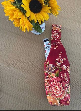Flaschesäckli - Trinktasche im Hakka- Blumendruck(Rot/Grün)