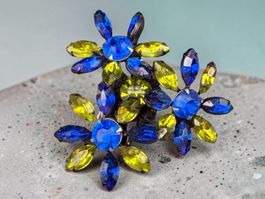 Vintage-Stil blaue gelbe Strass-Blumen-Brosche Defekt