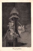 Künstler-Karte M. Götz. Engel auf Kirchturm
