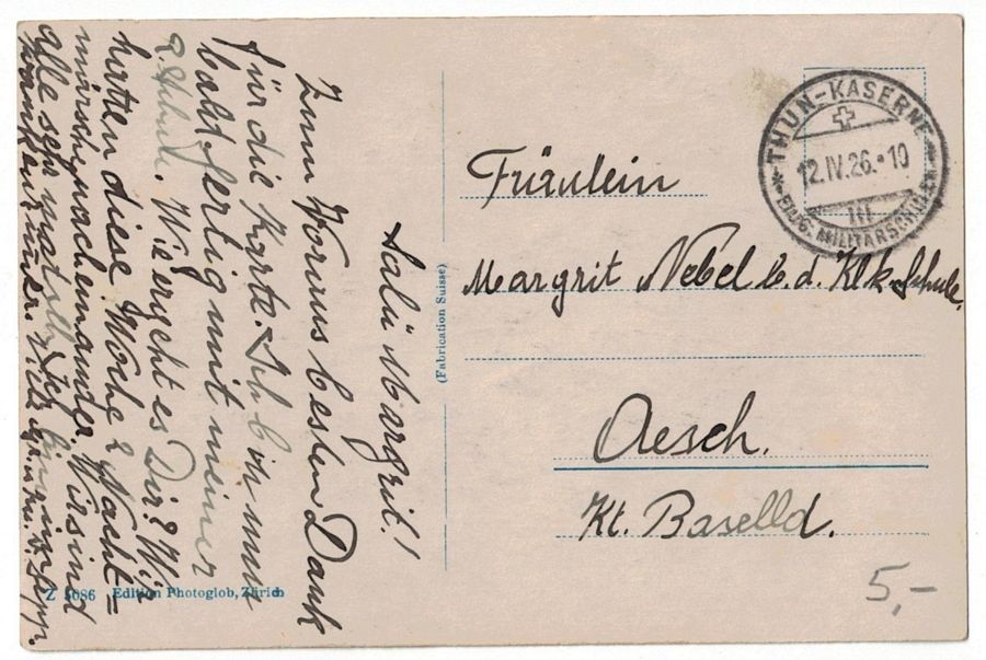 Ansichtskarten: Thun, Schloss, gelaufen 1926 – Gebraucht aus Frauenfeld von POML 1