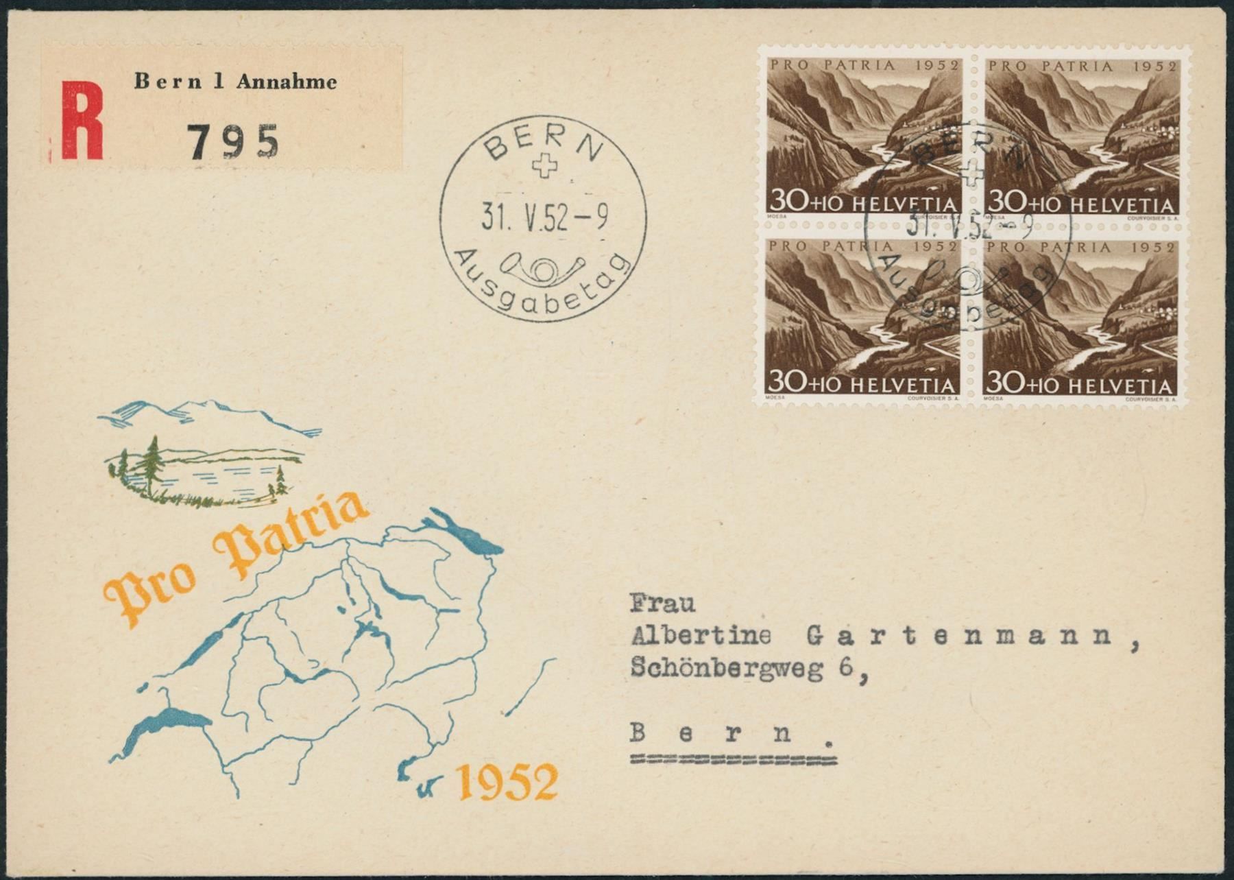Tutti i francobolli: 1952 - Pro Patria - FDC U4 - dt. – Usato da Schindellegi venduto da leecollect 1