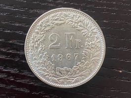 1 x 2 Franken Schweiz 1967 – sehr schöner Stempelglanz