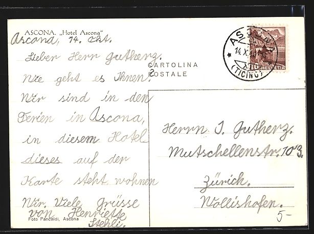 Ansichtskarten: AK Ascona, Hotel Ascona, 1940 – Gebraucht aus Berlin von bartko-reher 1