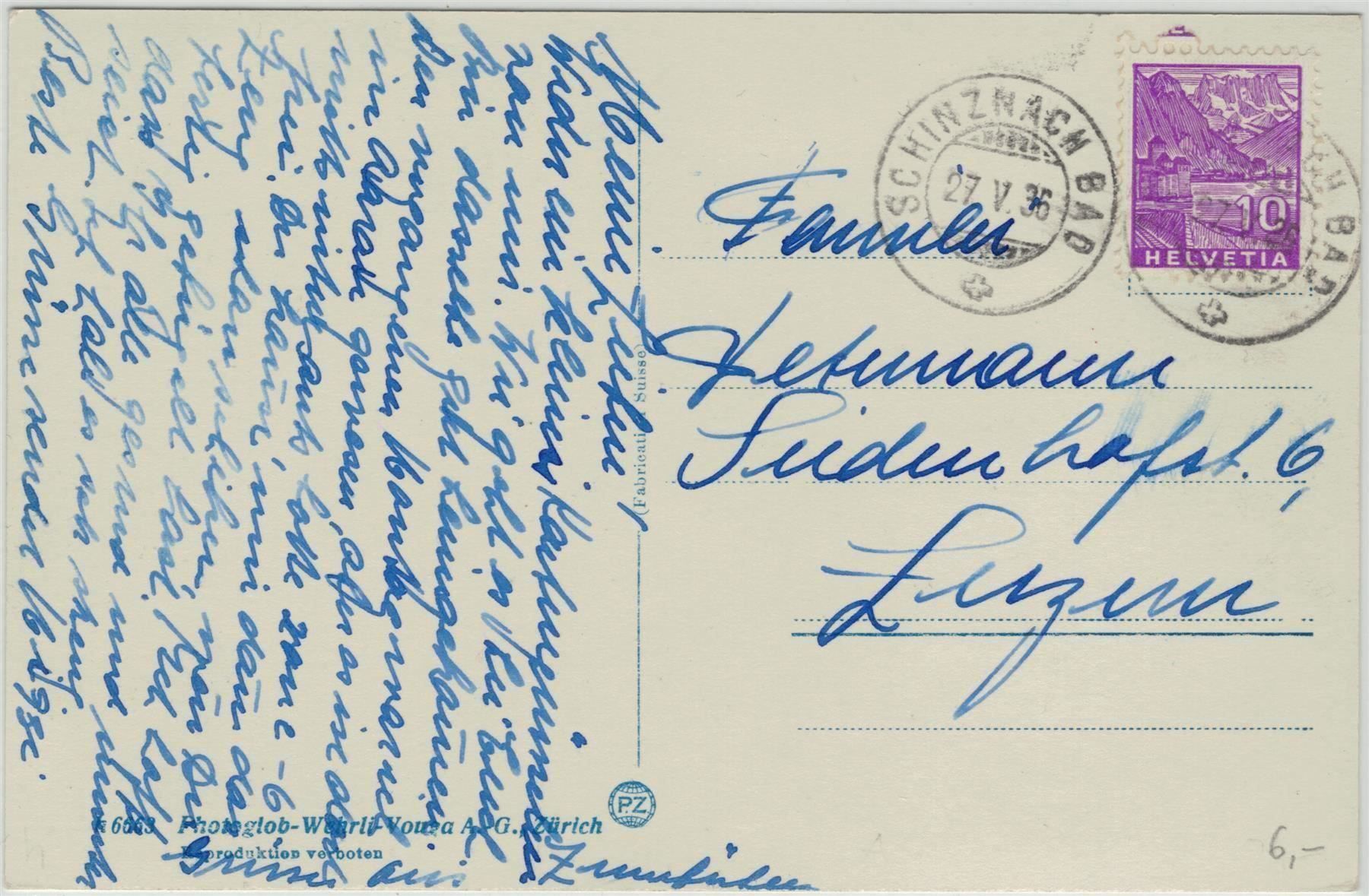Ansichtskarten: AG 265 BAD SCHINZNACH 1936 – Gebraucht aus Fribourg von philafri 1