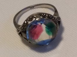 Antiker Rheinkiesel/Irisglas 935 Silber Ring, Grösse 52