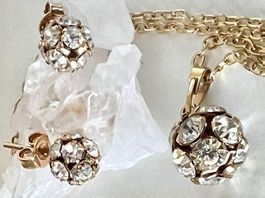 Vintage SchmuckSet vergoldet Strasskugeln–Kette & Ohrstecker