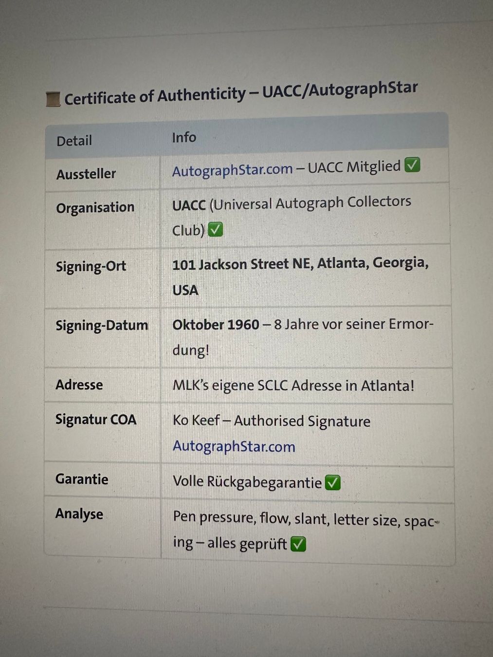 Autogramme: Originalautogramm von Martin Luther King 1960 mit COA – Gebraucht aus rafz von Ttt0071 4