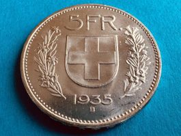 5 Franken 1935 Silber in Stempelglanz, super Stück
