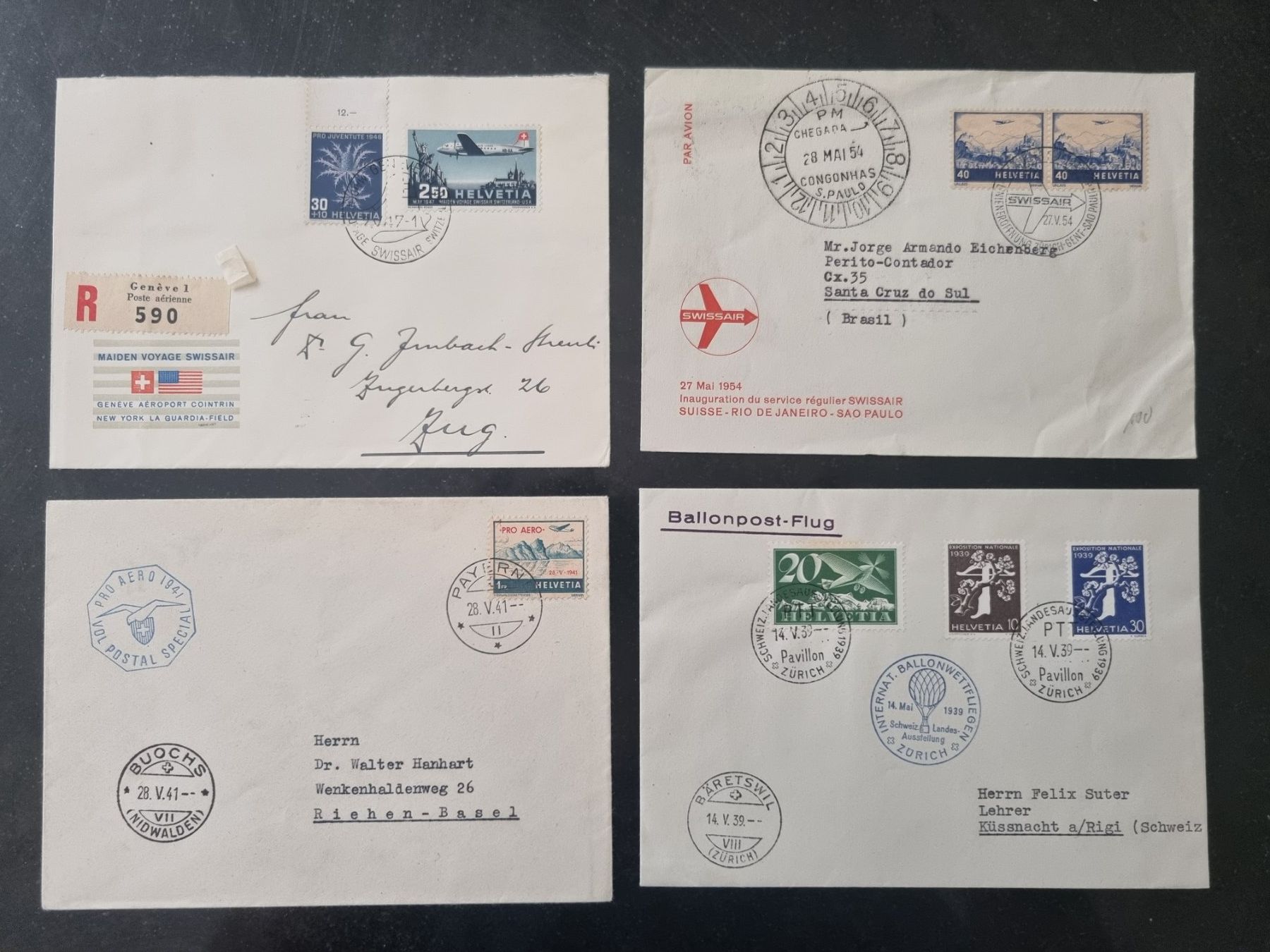 Alle Briefmarken: 4 CH Flugpost Briefe 1939 - 1948 : KP 180.-- – Gebraucht aus Gümligen von Geniusbuy