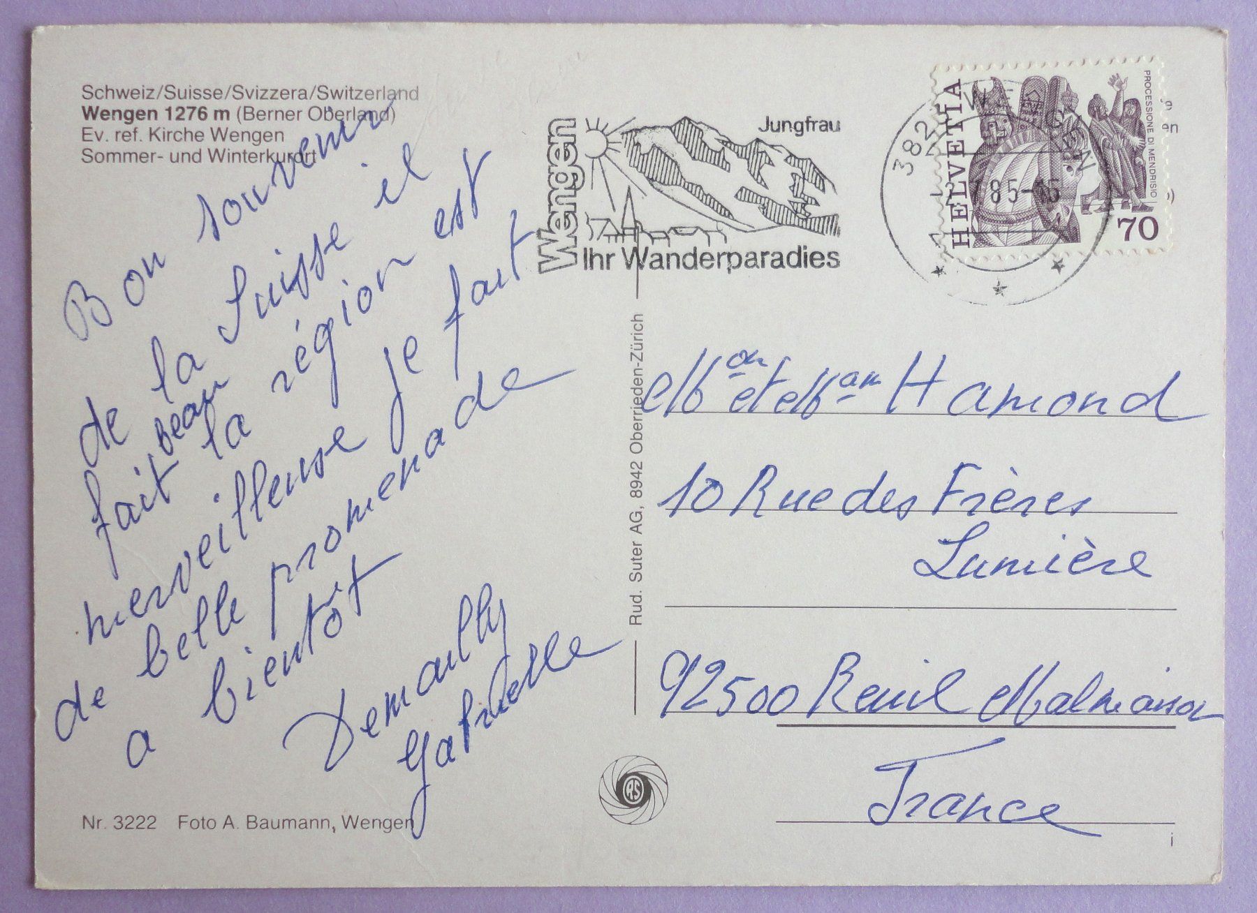 Cartoline postali: Wengen 1276 m (B.O.), Ev. ref. Kirche – Usato da Fétigny venduto da Billy2miny 1