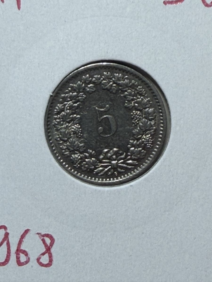 Alle Münzen: CH - 5 cts - 1968 – Gebraucht aus Payerne von Mike1682