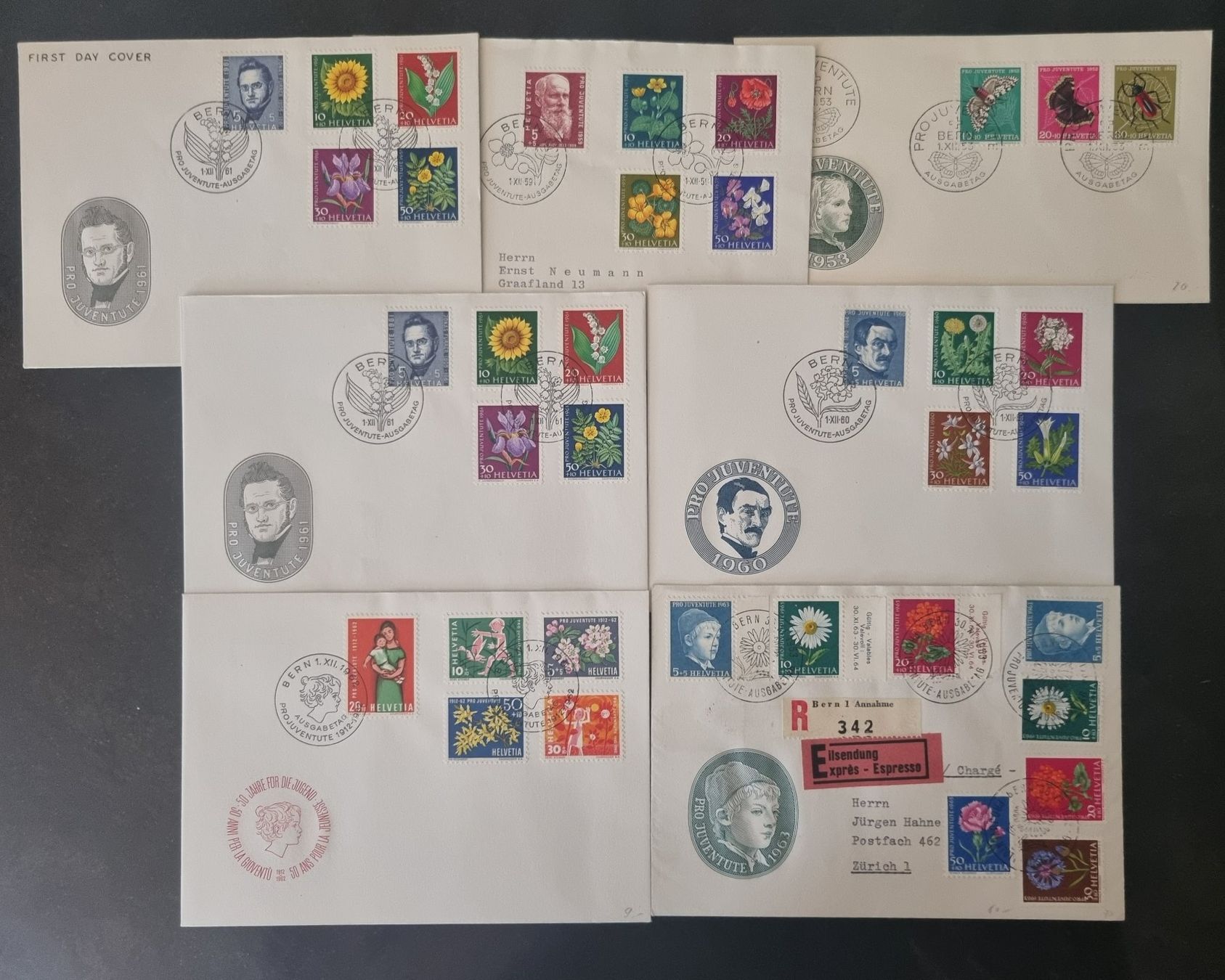 Tutti i francobolli: 7 Pro Juventute Ersttags Briefe 1953 - 1963 – Usato da Gümligen venduto da Geniusbuy