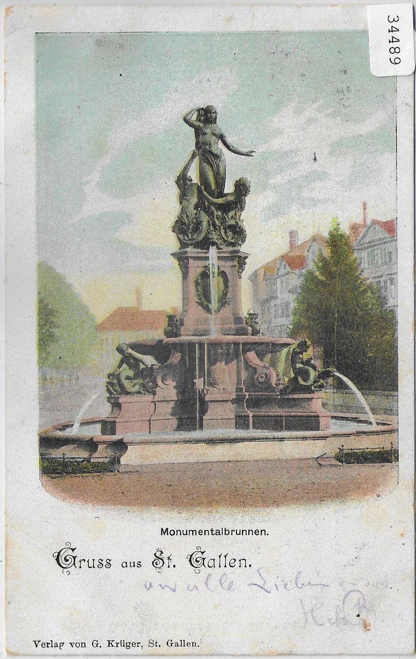 Cartoline postali: Gruss aus St. Gallen - Monumentalbrunnen – Difettoso da Ettingen venduto da Kartenplanet