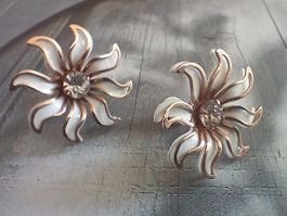 Vintage Ohrringe Screw-Back Blumen Emaille Strass Gold 60er
