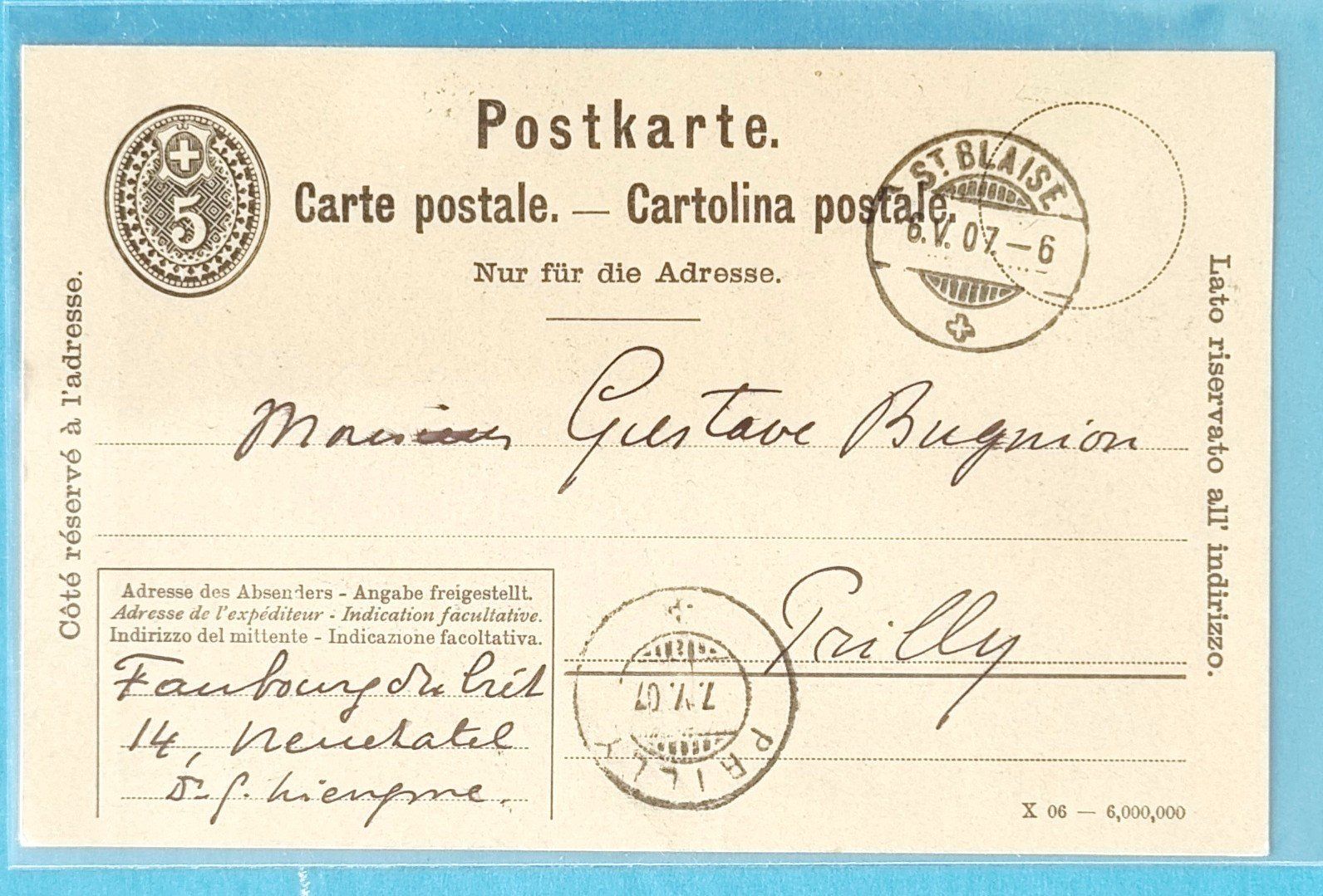 Alle Briefmarken: Suchard - Ganzsache - St. Blaise - Prilly - 1907 – Gebraucht aus Rothrist von RROENK 1