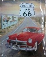 Blechschild-ROUTE 66 ROAD -ROTES AUTO - 30 x 40 cm