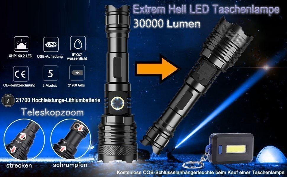 Extrem helle LED Taschenlampe 30000 Lumen, IPX67 wasserdicht