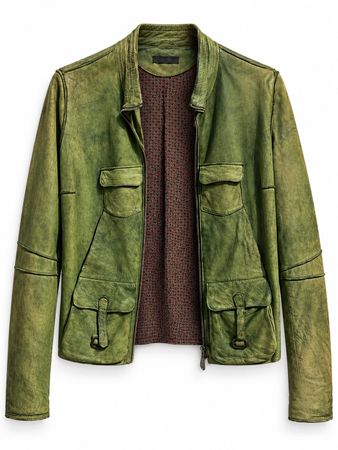 BLUR Vintage Distressed Olive Green Leather Utility Jacket