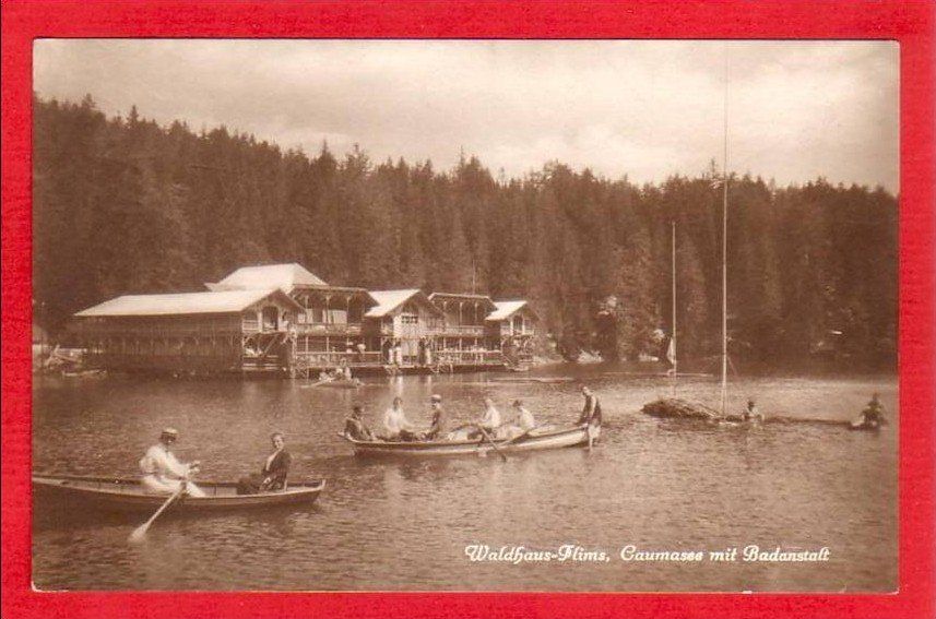 Cartoline postali: WALDHAUS FLIMS, CAUMASEE MIT BADANSTALT – Usato da Grüningen venduto da Kartenlaube