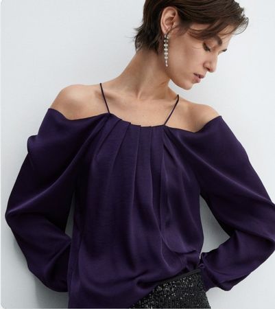 MANGO auberginefarbene Bluse mit freien Schultern NEU 69.95