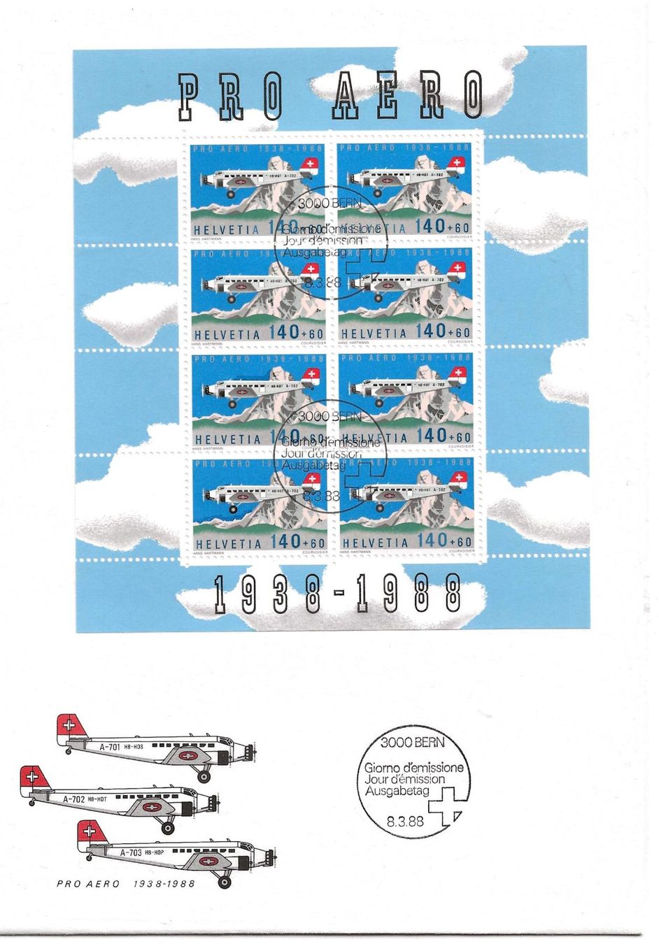 Tutti i francobolli: FDC Pro-Aero Kleinbogen 1988 – Usato da Zürich venduto da Philacat11