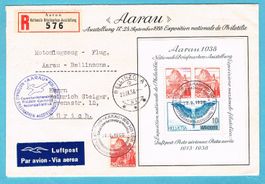 Luftpost Aarau-Bellinzona 23.IX.38 mit Aarauer Block + Vig !