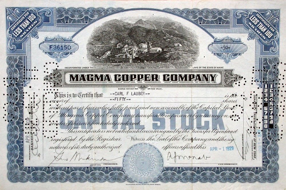 Documenti: Magma Copper Company - 1928 – Usato da Solothurn venduto da Sgasche