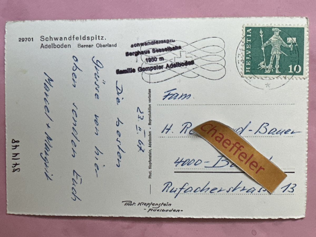 Cartoline postali: 1967 Schwandfeldspitz. Adelboden  – Usato da Zürich venduto da Chaeffeler 1