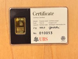2g UBS, Goldbarren 999.9, OVP