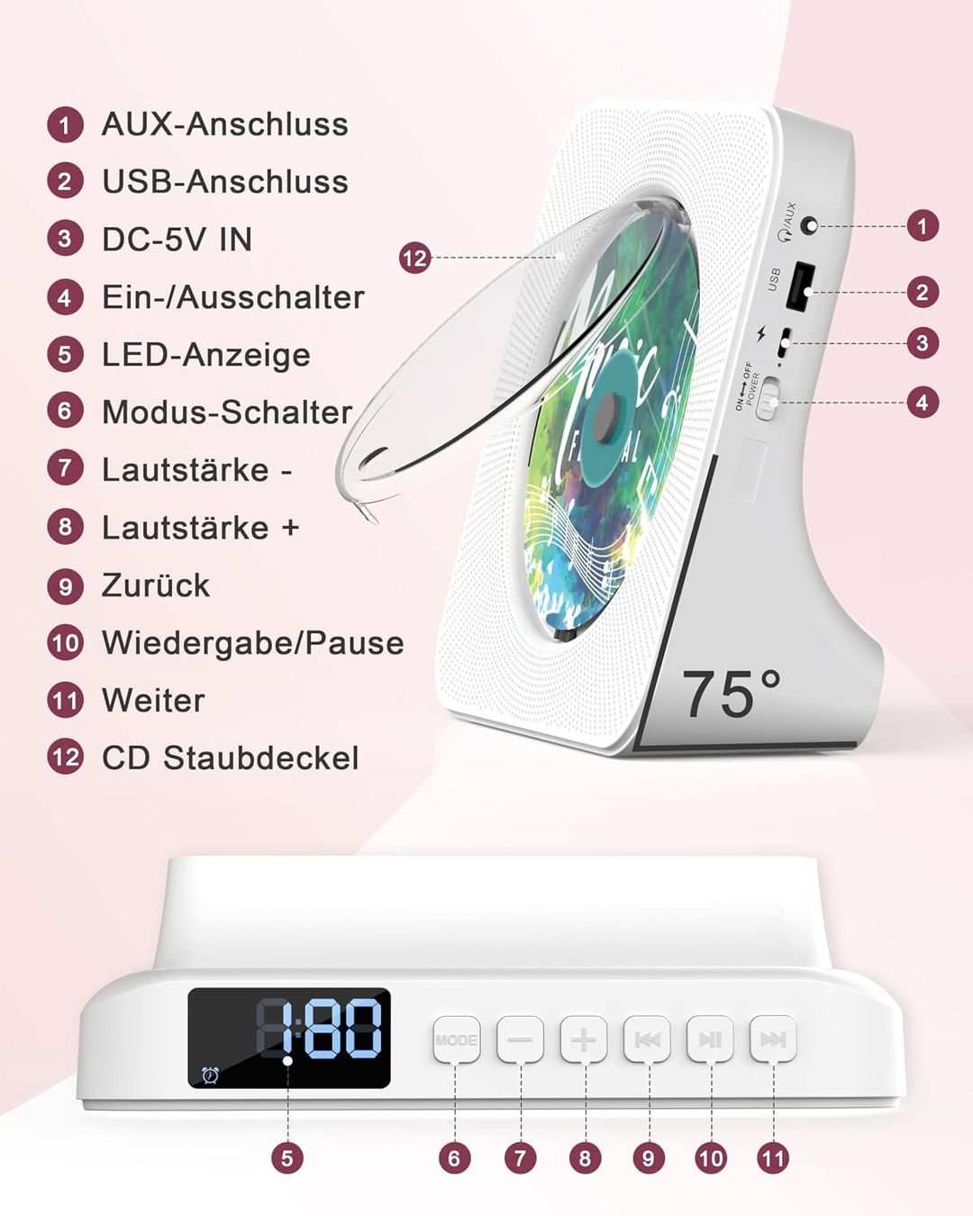 Tragbarer Mediaplayer: CD-Player tragbar mit Bluetooth Fernbedienung – Neu und originalverpackt aus St. Gallen von VerkaufsMaus50 5