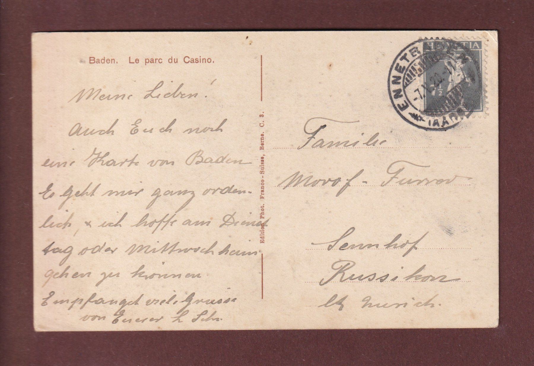 Cartoline postali: BADEN - Casino-Park - Leute - 1920 – Usato da Pully venduto da nicecards 1
