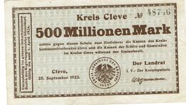 Cleve 500 Mil.Mark +Stempel 25.09.1923 VZ+-VZ++