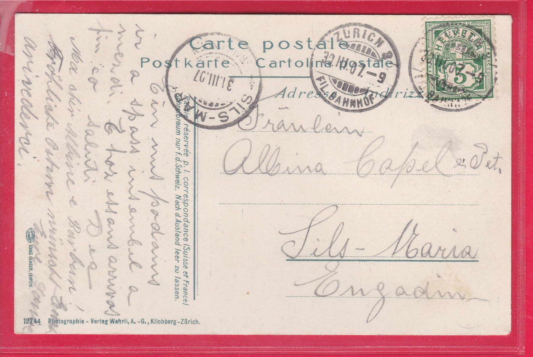Cartoline postali: ZÜRICH, WASSERKIRCHE, 30.3.1907 – Usato da Oberrieden venduto da Gebirgsstelze 1