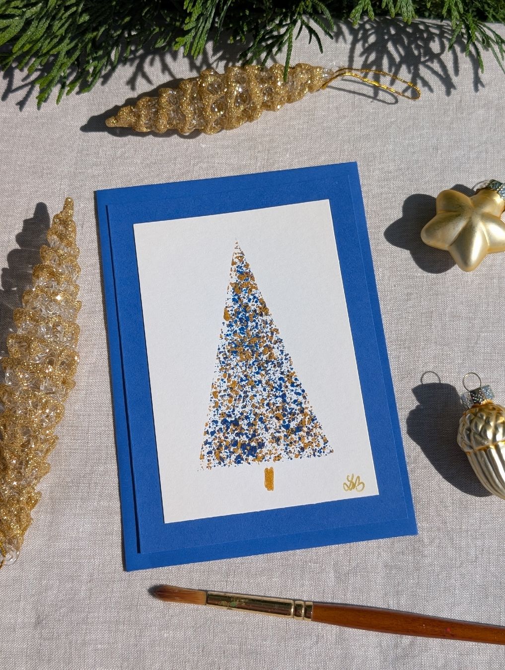 Cartoline: 2er Set Weihnachtskarten Handbemalt Tannenbaum Blau Silber – Nuovo e nell'imballaggio originale da Winterthur venduto da LaVieColor 5